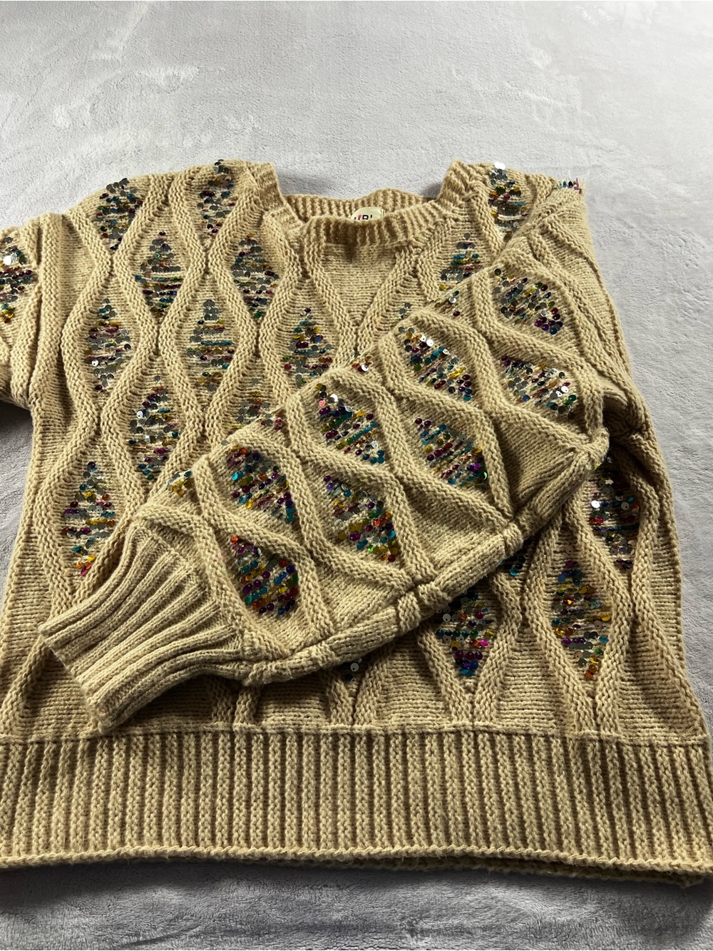 Bibi Beige Cable Knit Sweater with Multicolor Inset Multicolor Sequins Size XL - Picture 12 of 15